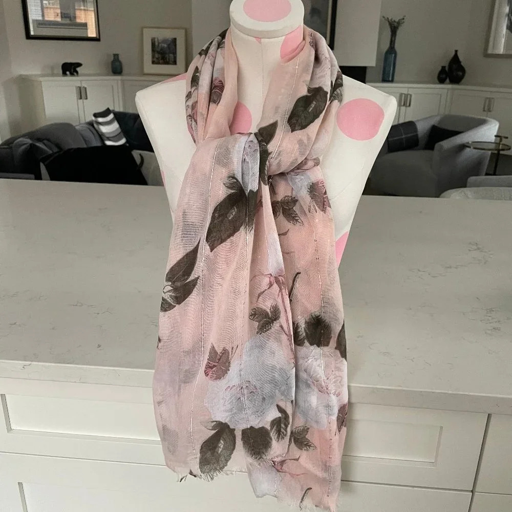Floral Print 100% Polyester Scarf/Wrap in Blush Pink White & Green Sz OS